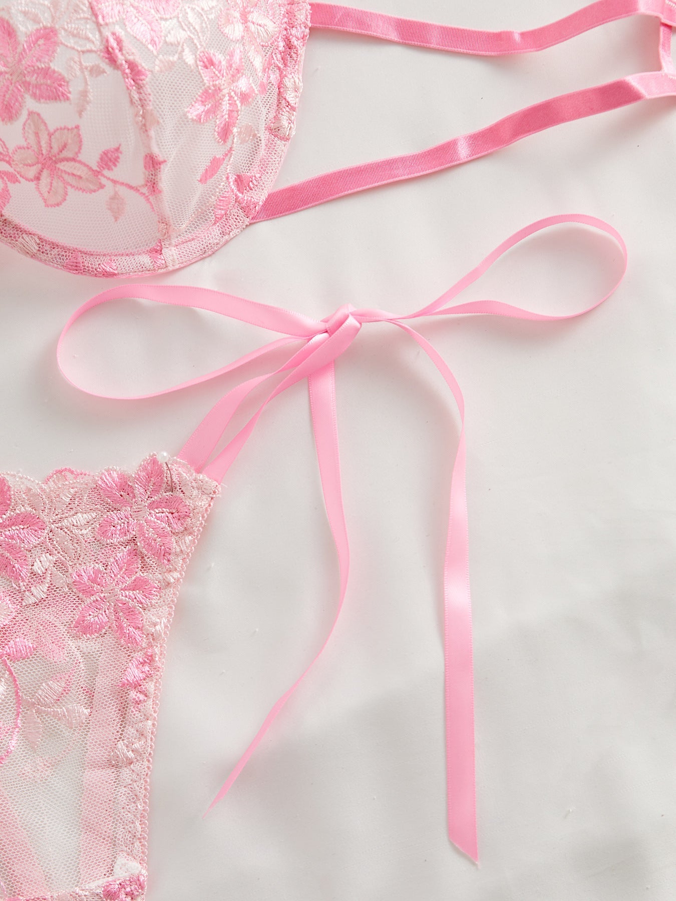 Cherry Blossom Bow Embroidered Sheer Lace Lingerie Set - gosundaymarket