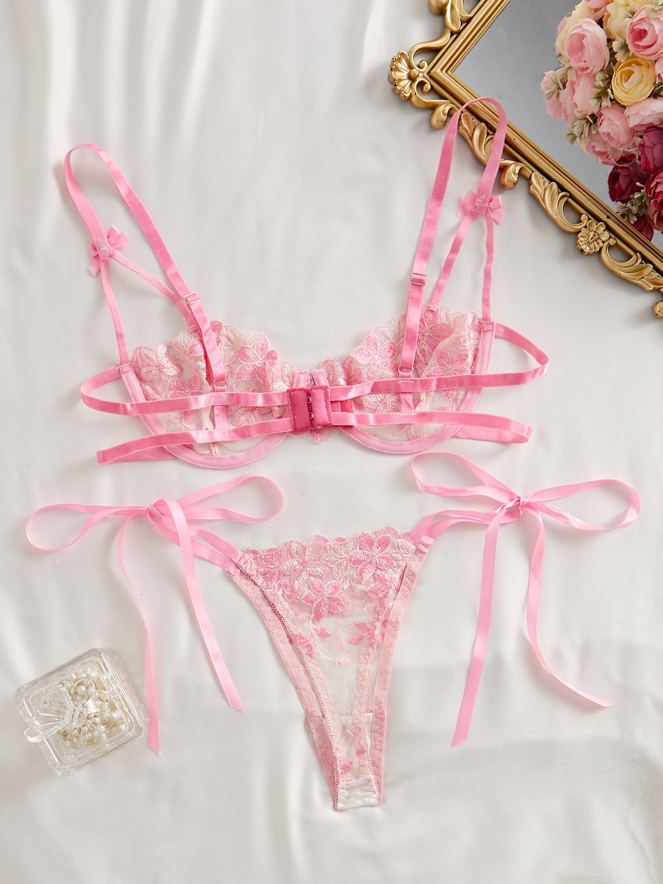 Cherry Blossom Bow Embroidered Sheer Lace Lingerie Set - gosundaymarket