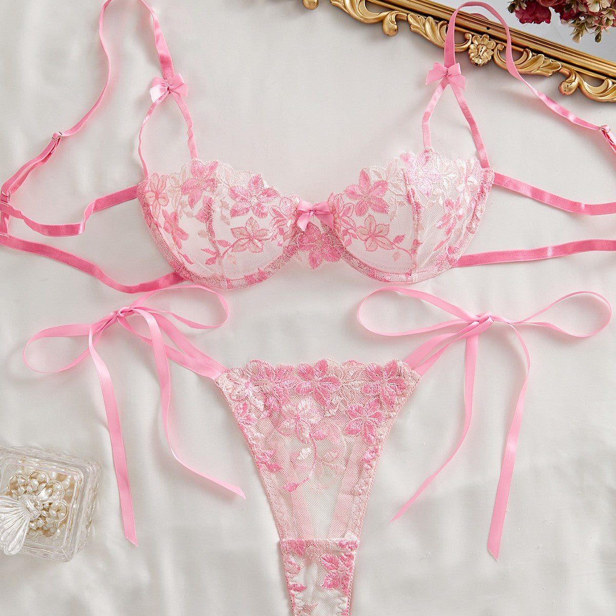 Cherry Blossom Bow Embroidered Sheer Lace Lingerie Set - gosundaymarket