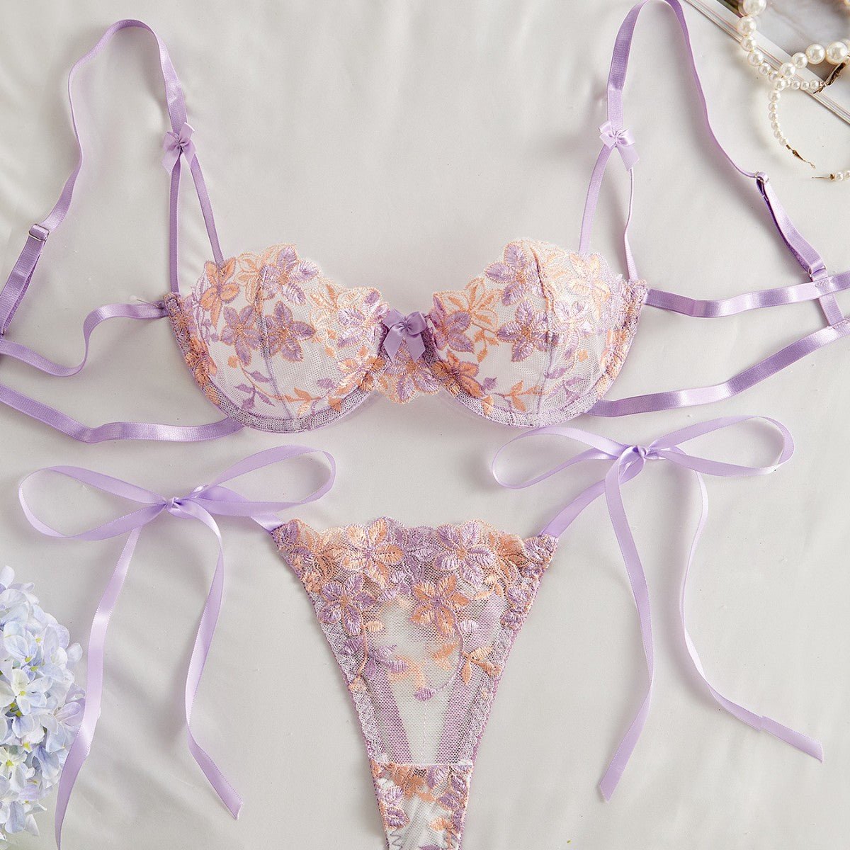 Cherry Blossom Bow Embroidered Sheer Lace Lingerie Set - gosundaymarket