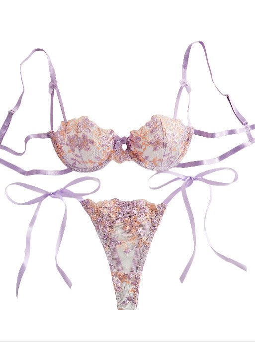 Cherry Blossom Bow Embroidered Sheer Lace Lingerie Set - gosundaymarket