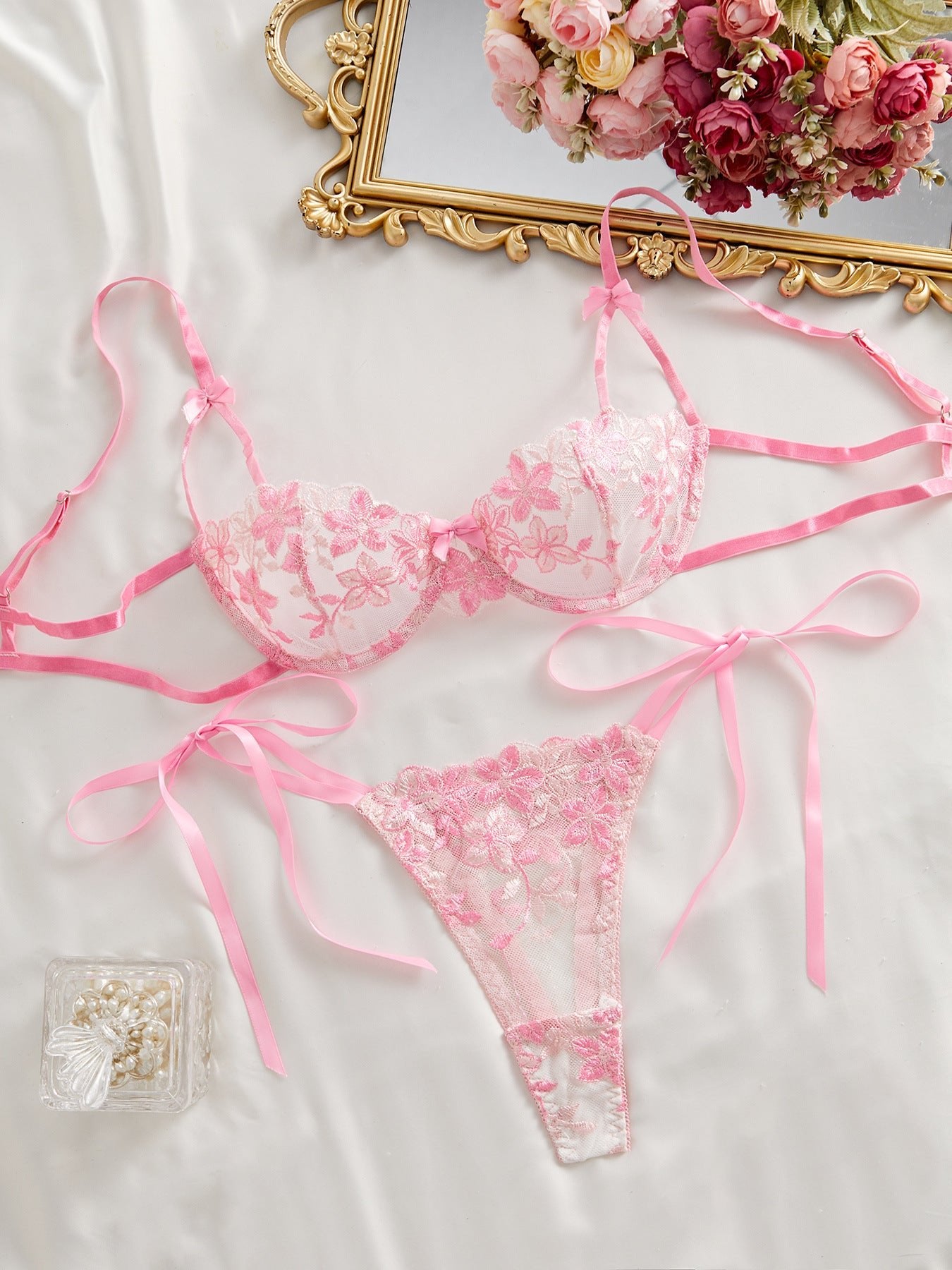 Cherry Blossom Bow Embroidered Sheer Lace Lingerie Set - gosundaymarket
