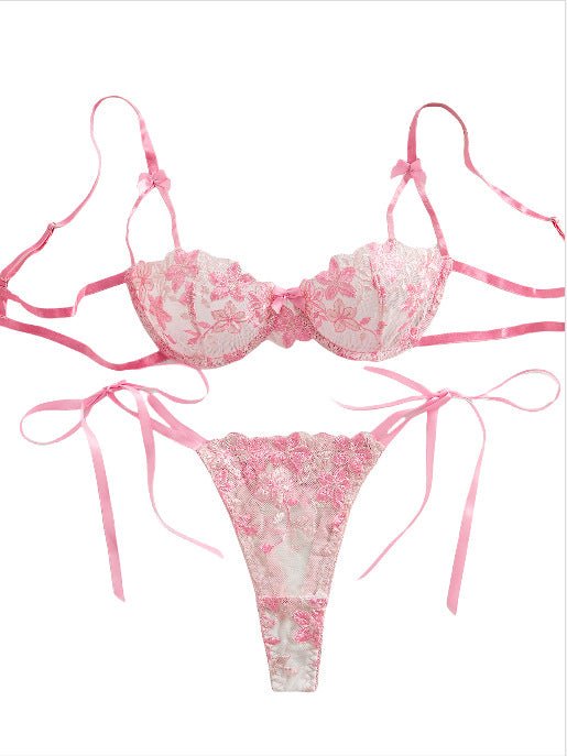 Cherry Blossom Bow Embroidered Sheer Lace Lingerie Set - gosundaymarket