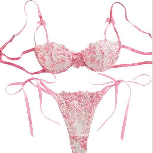 Cherry Blossom Bow Embroidered Sheer Lace Lingerie Set - gosundaymarket