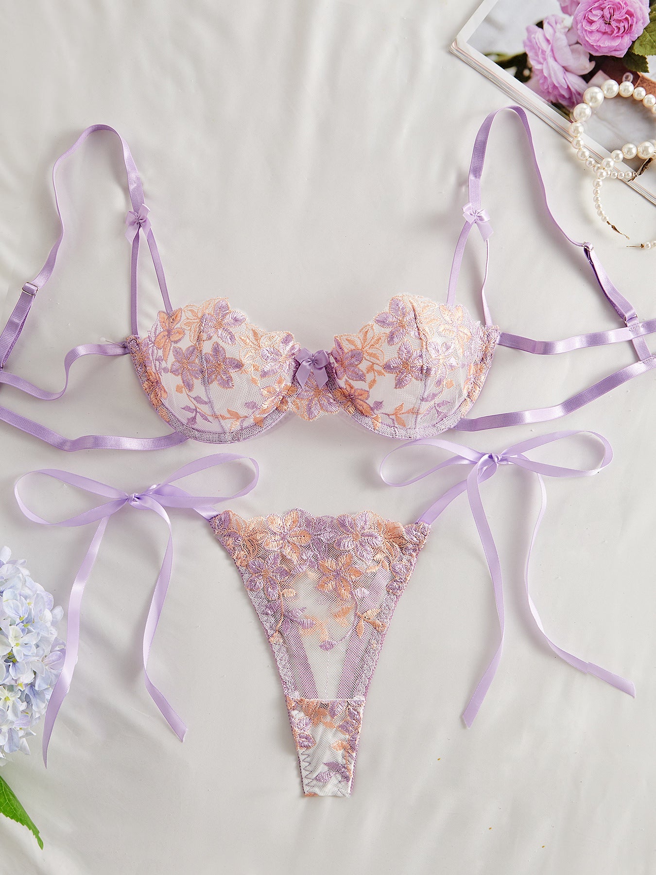 Cherry Blossom Bow Embroidered Sheer Lace Lingerie Set - gosundaymarket