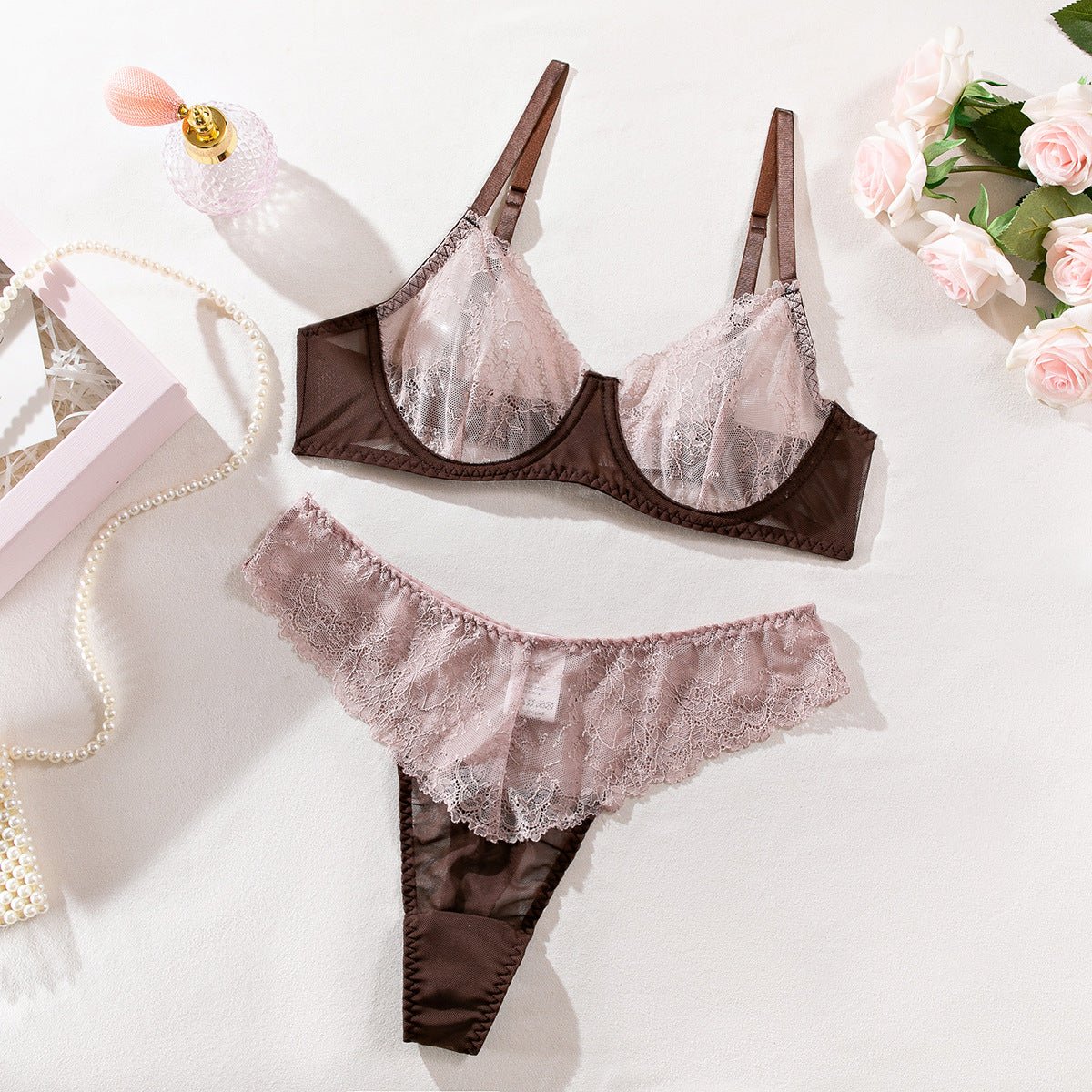 Color Block Lace Mesh Sheer & Sexy Lingerie 2 - Piece Set - gosundaymarket