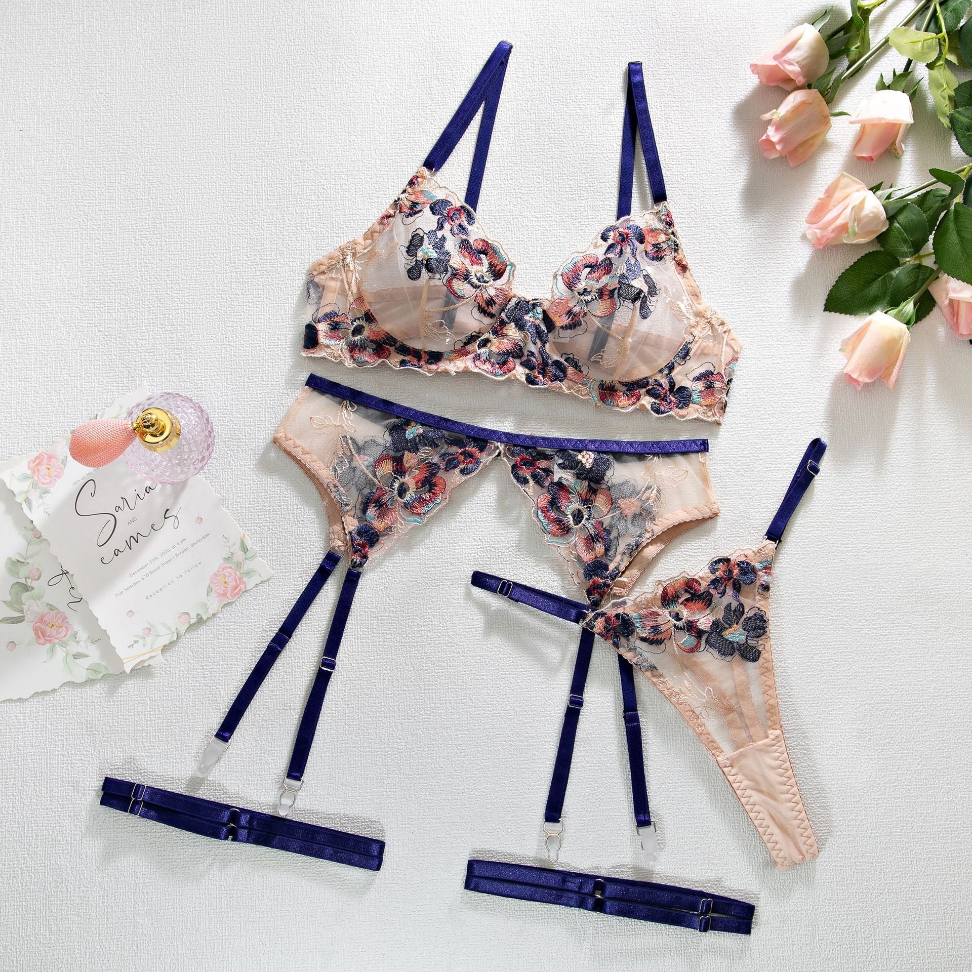 Colorful Embroidered Lingerie Set - gosundaymarket