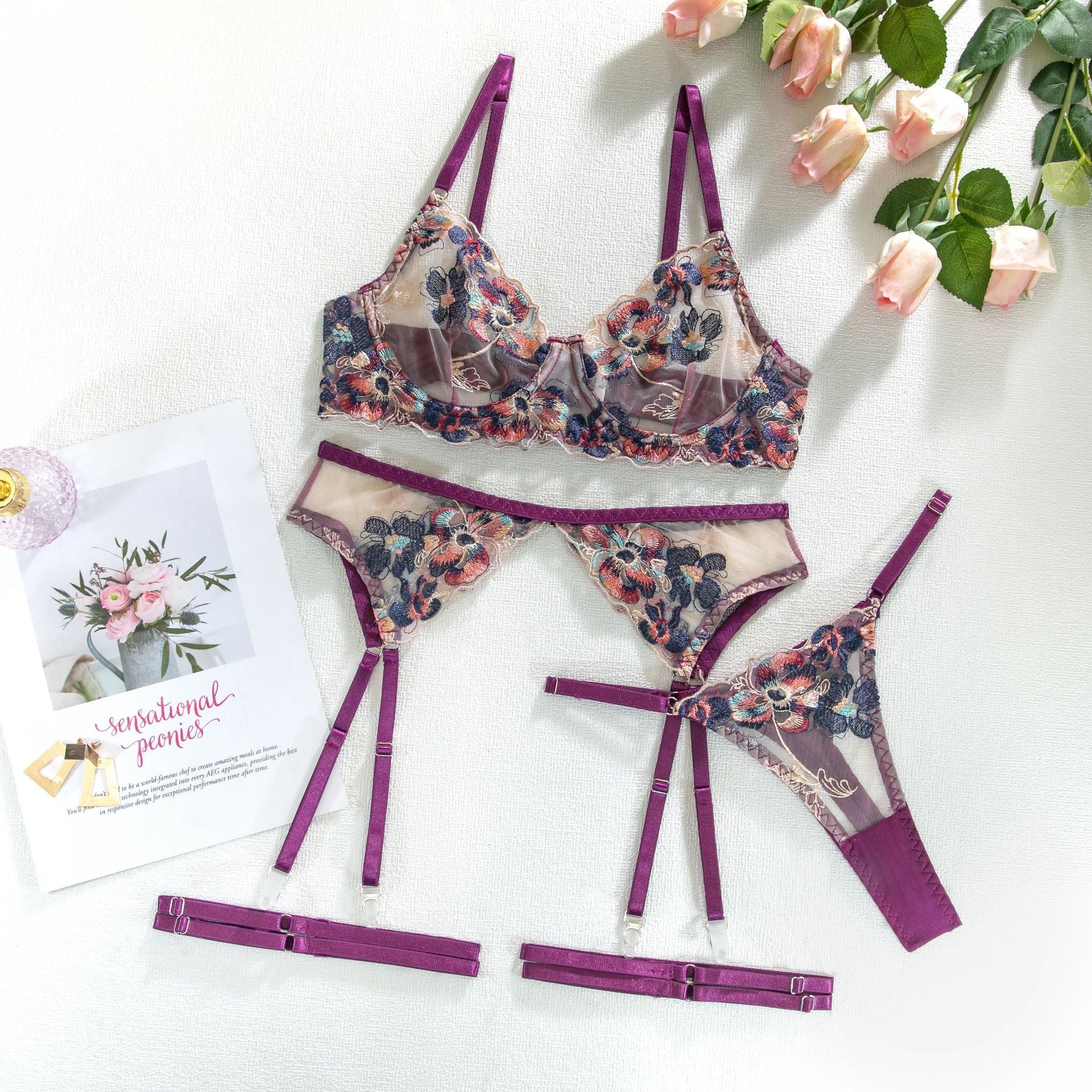 Colorful Embroidered Lingerie Set - gosundaymarket