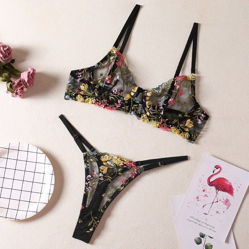 Colorful Floral Embroidered Lingerie Set - gosundaymarket
