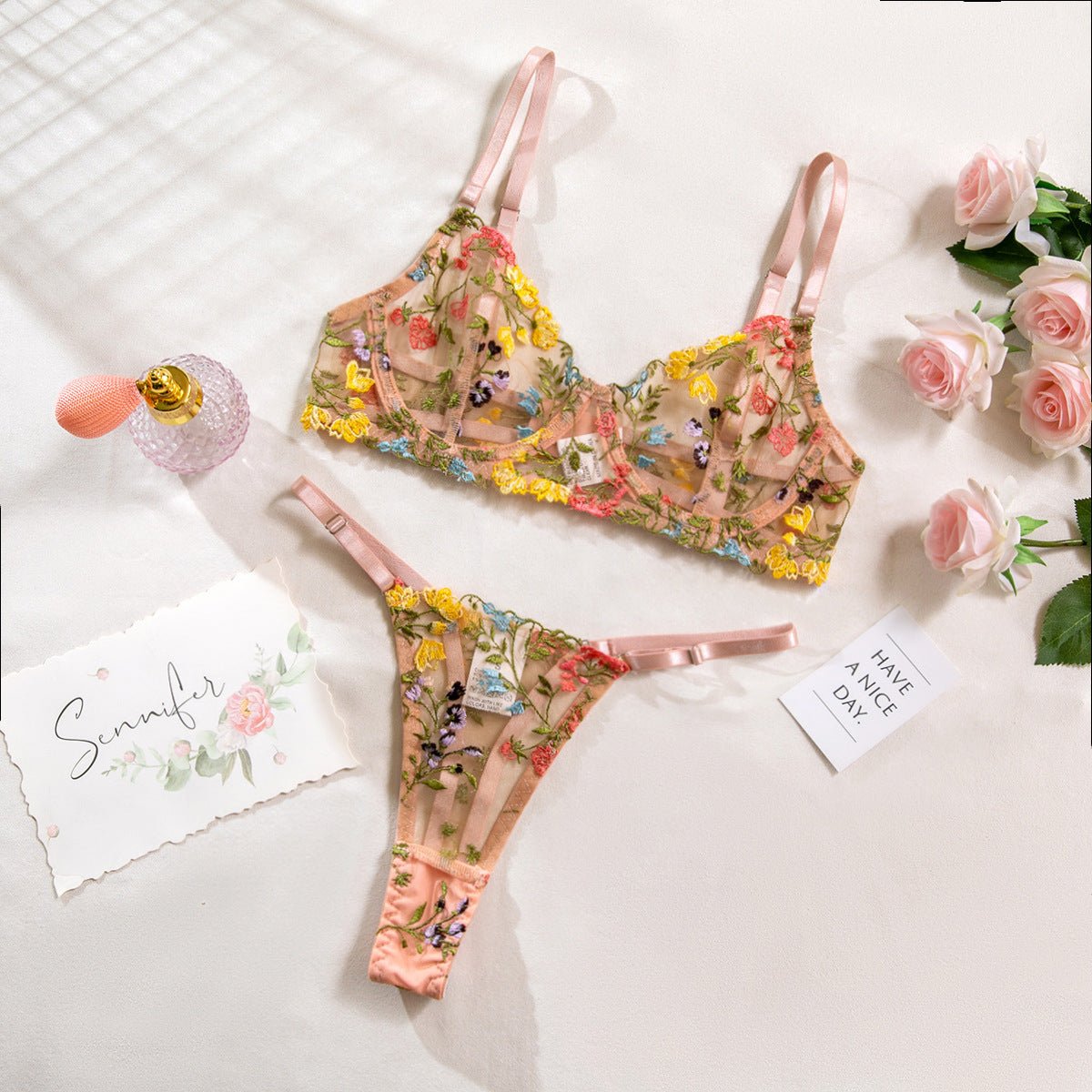 Colorful Floral Embroidered Lingerie Set - gosundaymarket