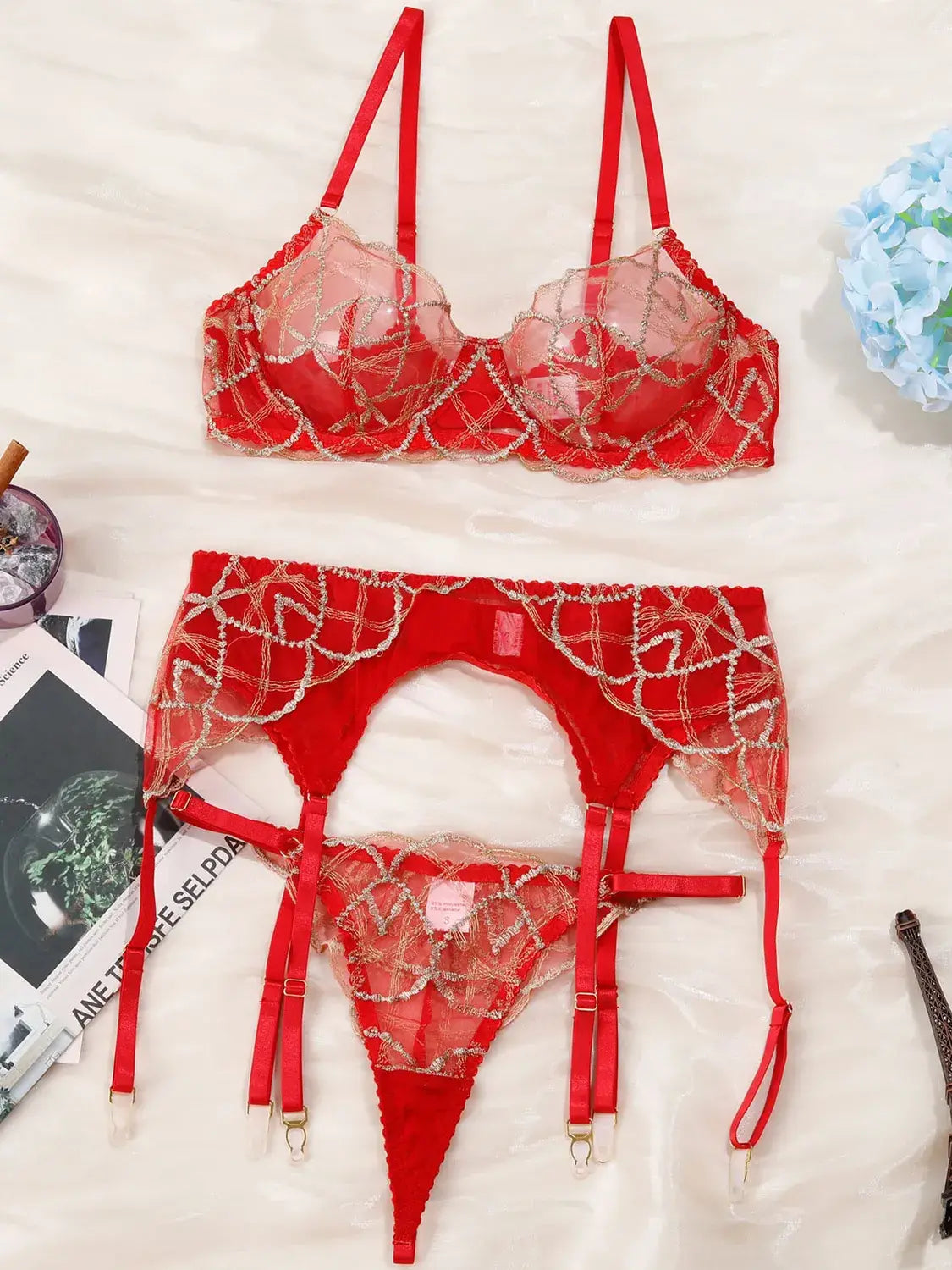 Full view of Crimson Flame lace lingerie showing fabric placement and balanced proportions.