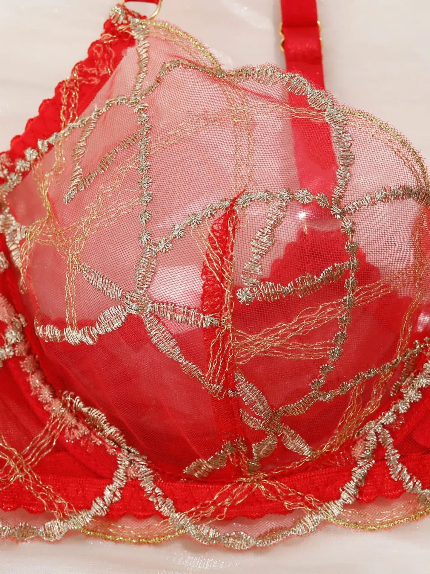 Close-up of Crimson Flame red embroidery thread highlighting refined craftsmanship.