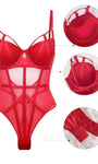 Crotch panel and snap hook detail of Crimson Heat mesh lingerie bodysuit.