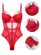Crotch panel and snap hook detail of Crimson Heat mesh lingerie bodysuit.