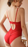 Back view of Crimson Heat open-crotch bodysuit showing sensual fit and straps.