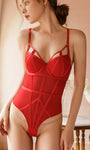 Crimson Heat open-crotch mesh bodysuit highlighting waistline and hourglass shape.