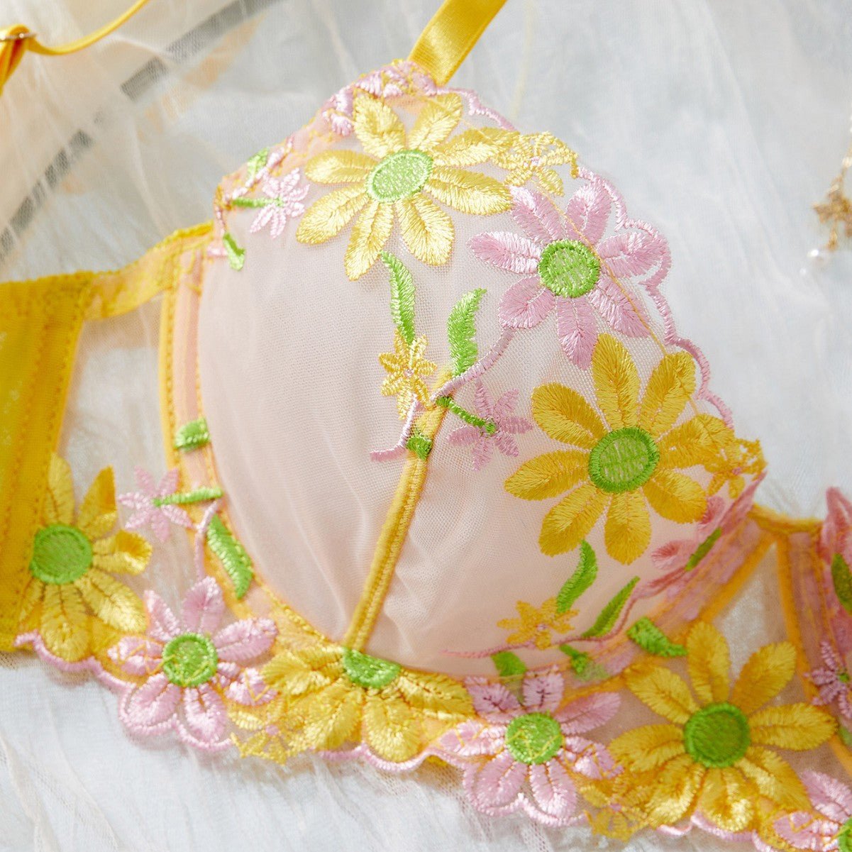 Daisy Embroidered Sheer Push - Up Bra Sexy Lingerie Set - gosundaymarket