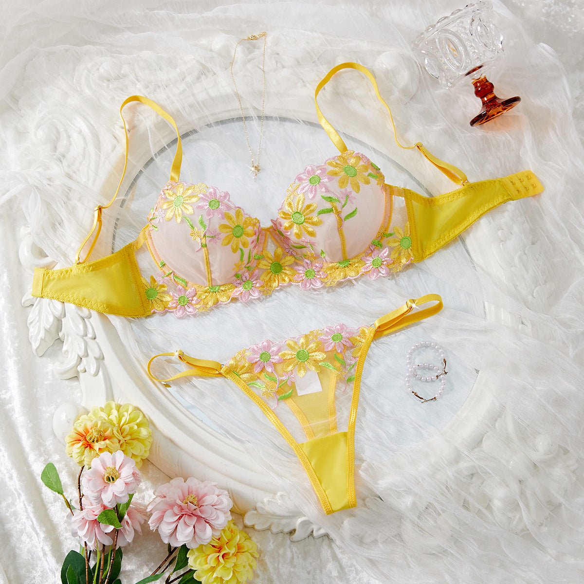 Daisy Embroidered Sheer Push - Up Bra Sexy Lingerie Set - gosundaymarket