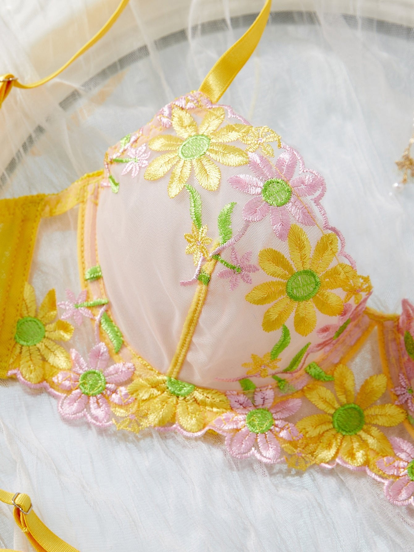 Daisy Embroidered Sheer Push - Up Bra Sexy Lingerie Set - gosundaymarket