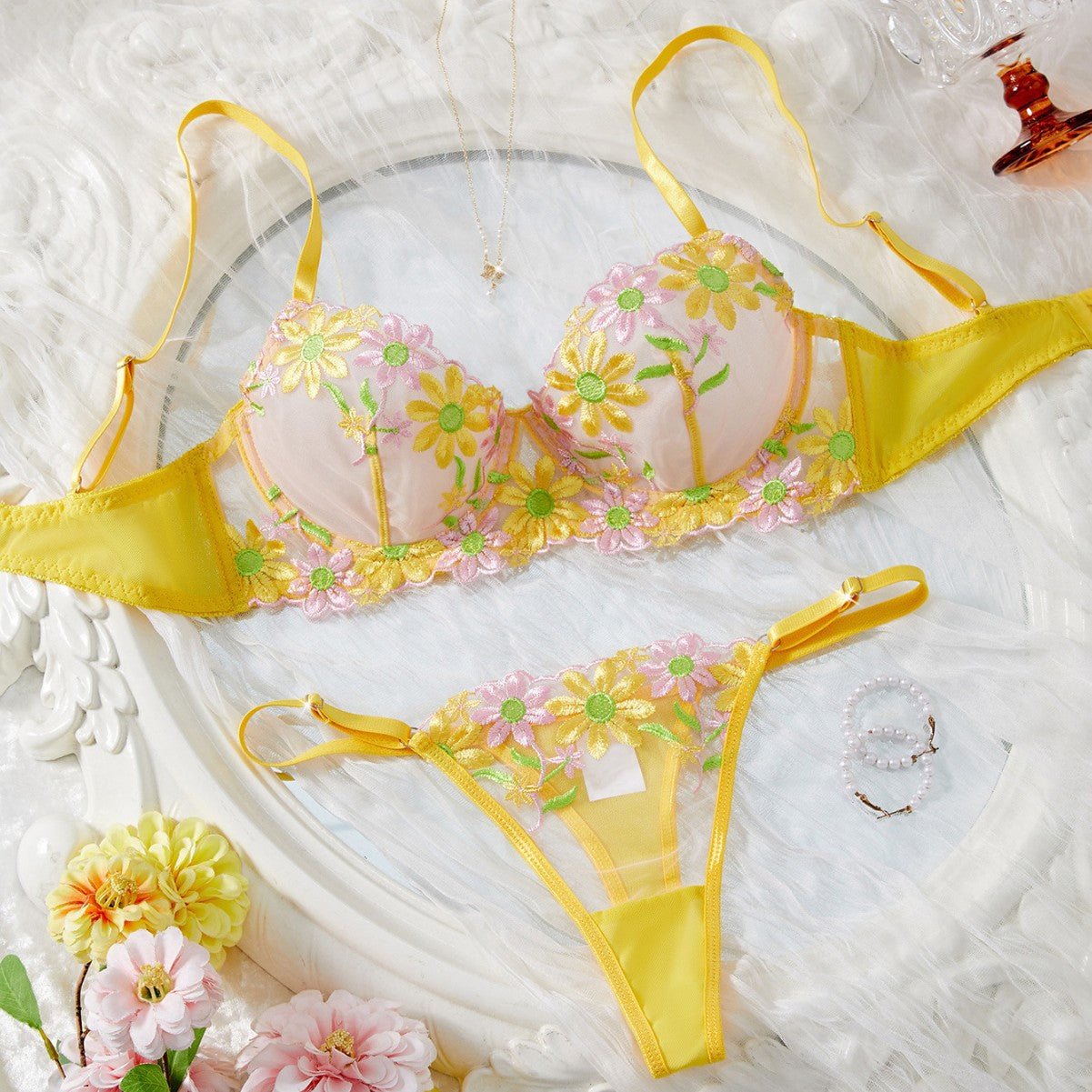 Daisy Embroidered Sheer Push - Up Bra Sexy Lingerie Set - gosundaymarket
