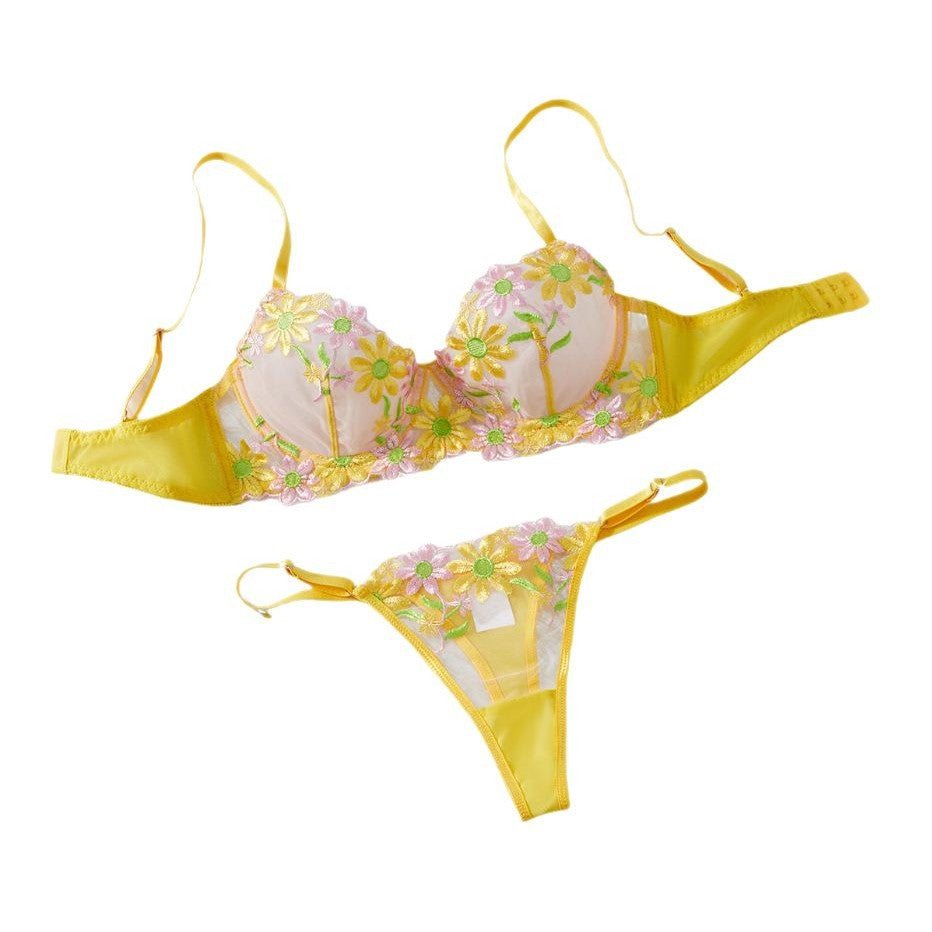 Daisy Embroidered Sheer Push - Up Bra Sexy Lingerie Set - gosundaymarket