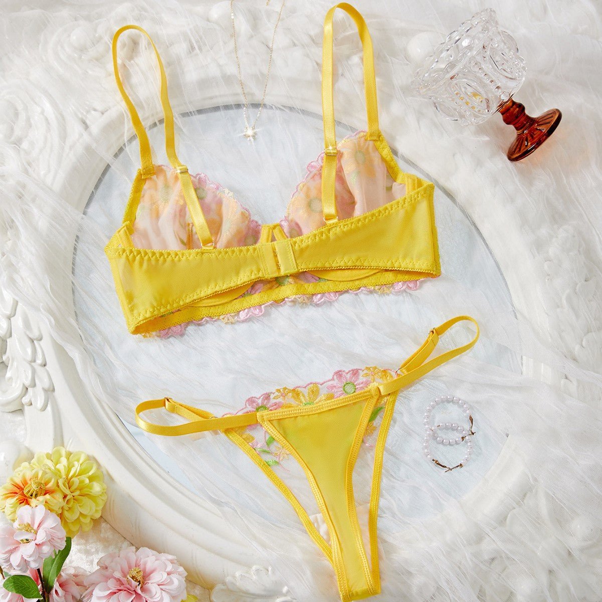 Daisy Embroidered Sheer Push - Up Bra Sexy Lingerie Set - gosundaymarket