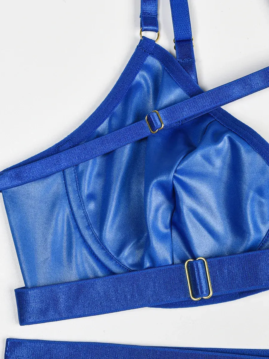 Detailed shot of blue PU leather showcasing clean seams and refined craftsmanship from the Electric Mirage set.