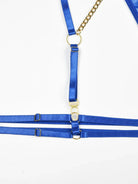 Shiny blue PU thigh harness with adjustable straps and gold sliders from the Electric Mirage 5-piece lingerie set.