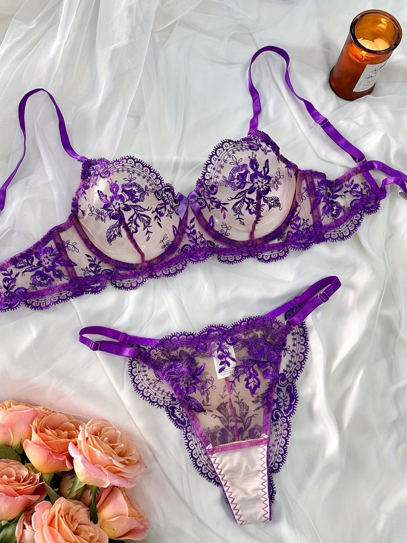 Elegant Floral Embroidered Sheer Mesh Lingerie Set - gosundaymarket