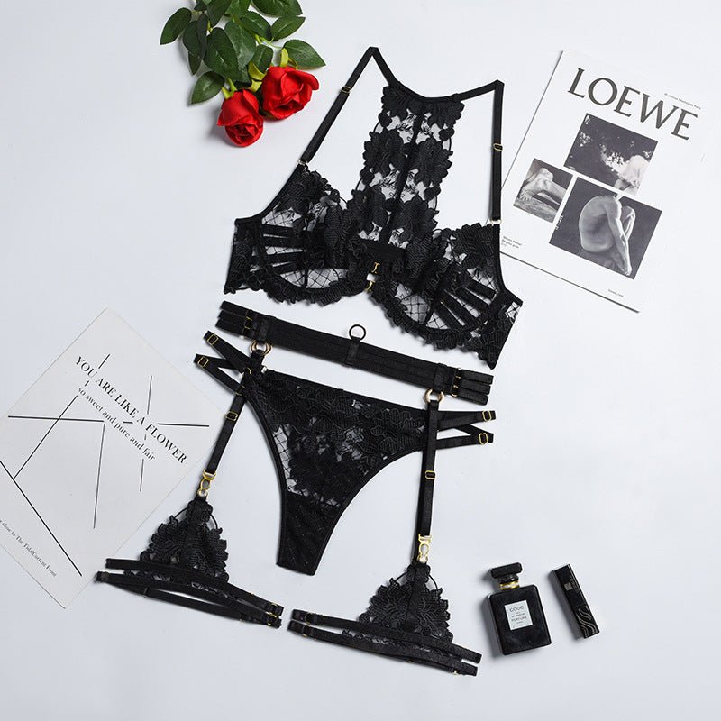 Embroidered Strappy Cross Lace Lingerie Set - gosundaymarket
