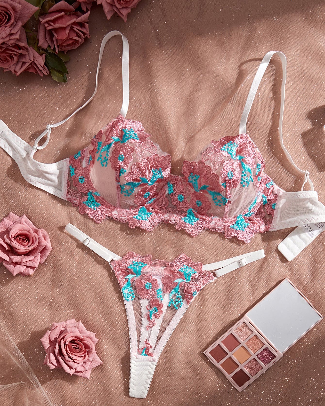 First Love Floral Embroidered Sheer Bra & Panty Set - gosundaymarket