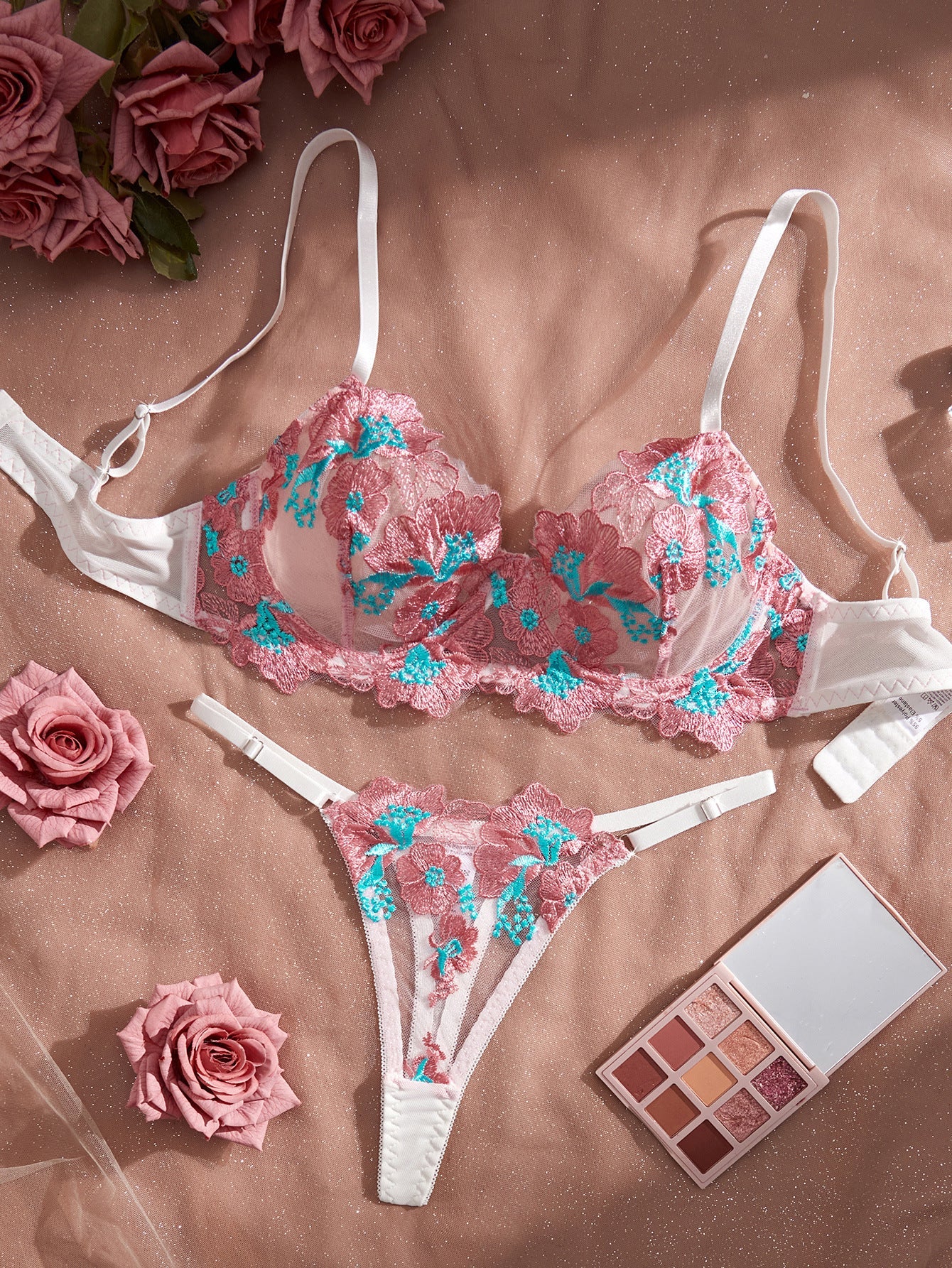 First Love Floral Embroidered Sheer Bra & Panty Set - gosundaymarket