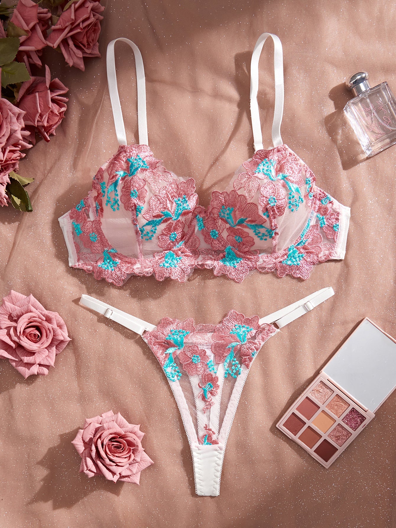 First Love Floral Embroidered Sheer Bra & Panty Set - gosundaymarket