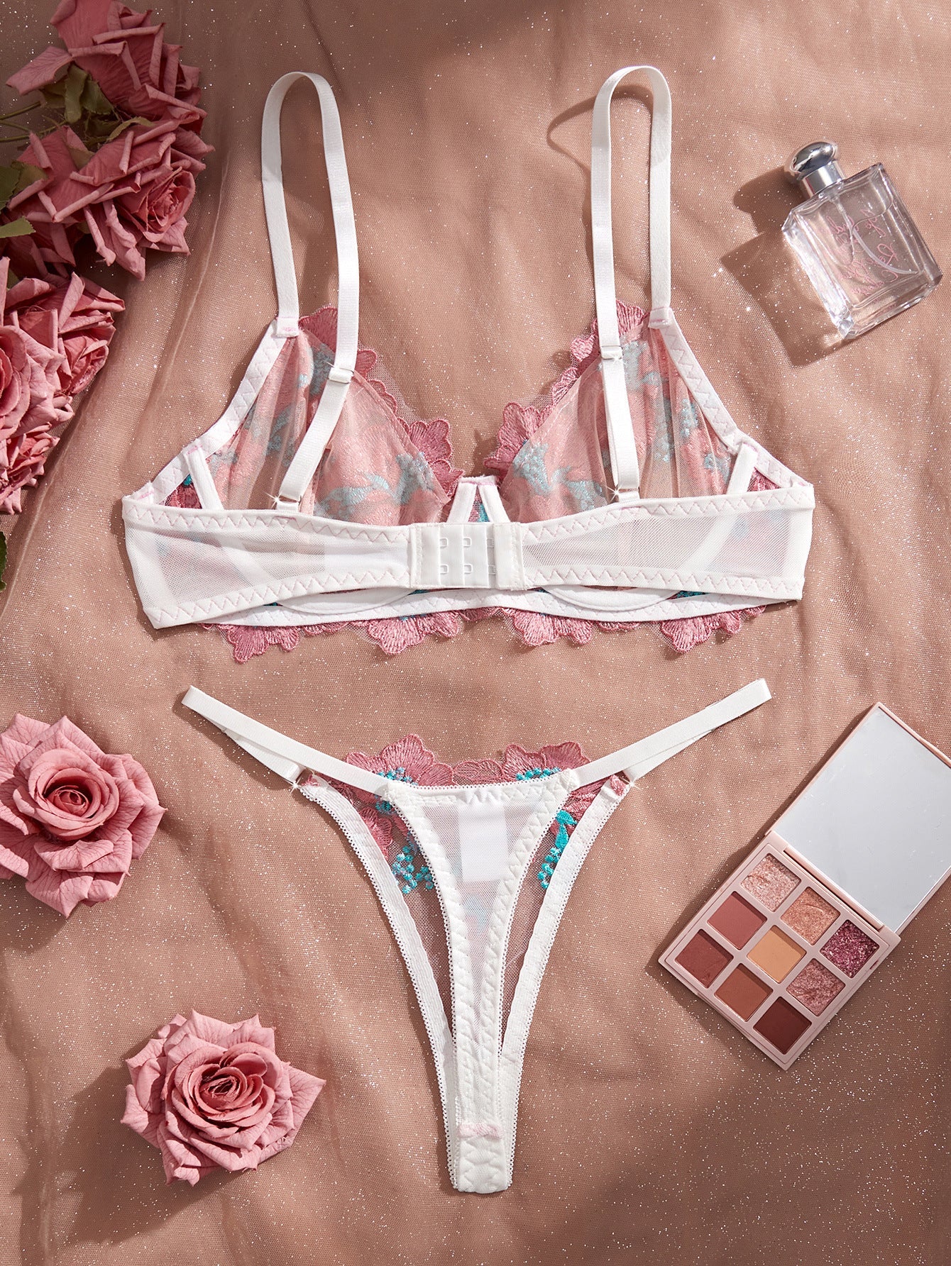 First Love Floral Embroidered Sheer Bra & Panty Set - gosundaymarket