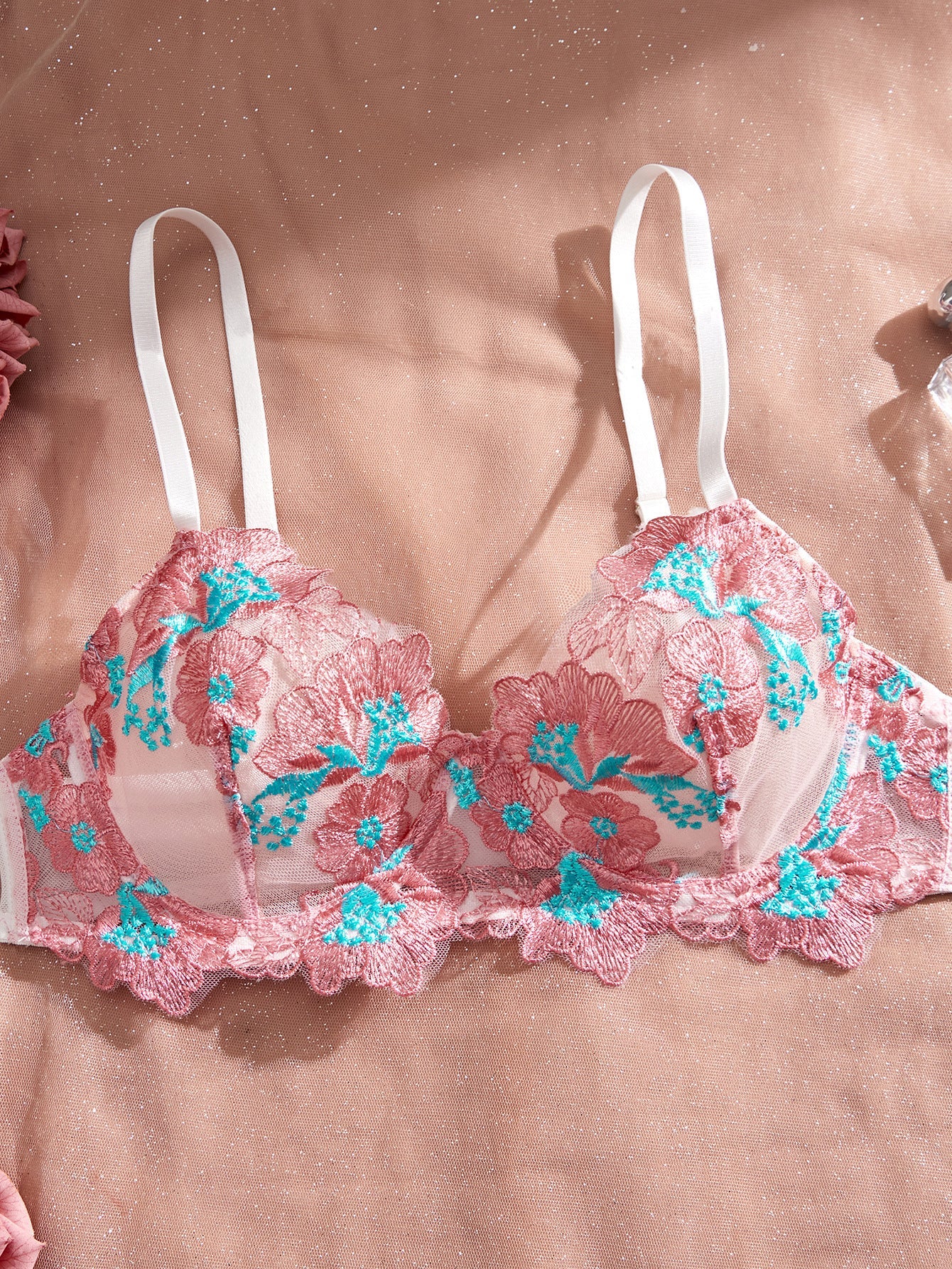First Love Floral Embroidered Sheer Bra & Panty Set - gosundaymarket