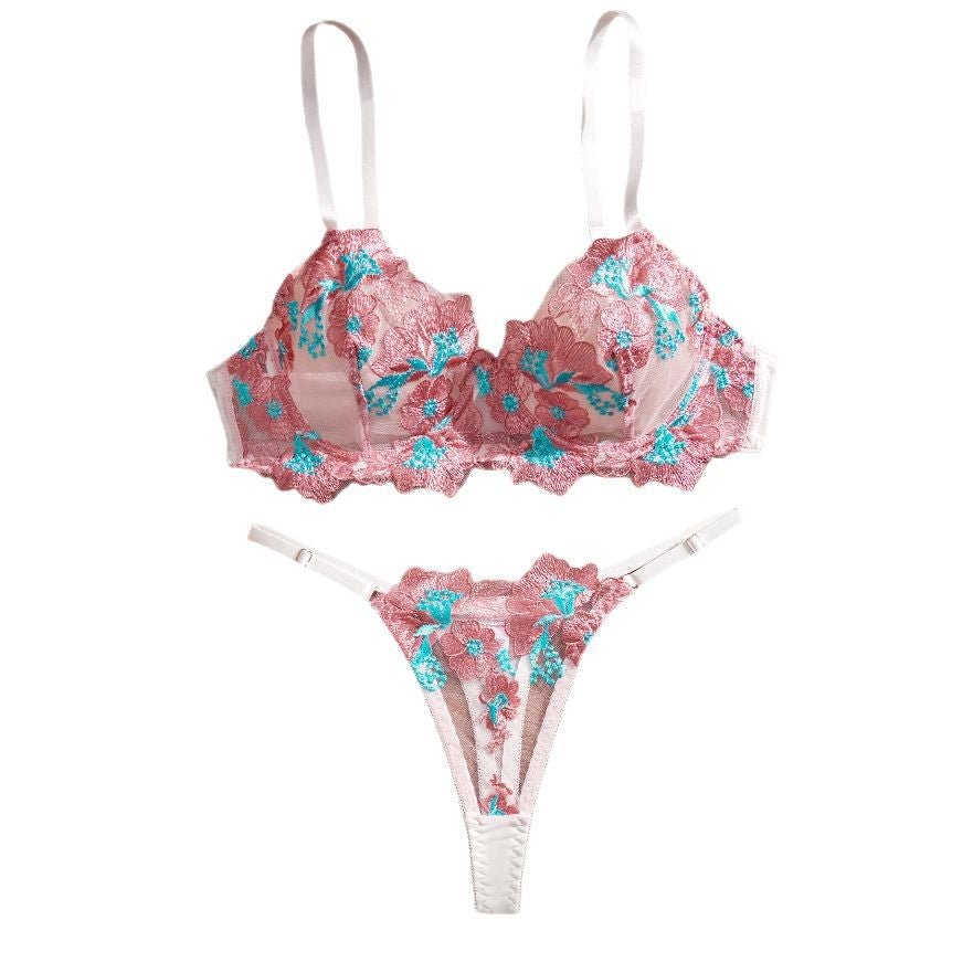 First Love Floral Embroidered Sheer Bra & Panty Set - gosundaymarket