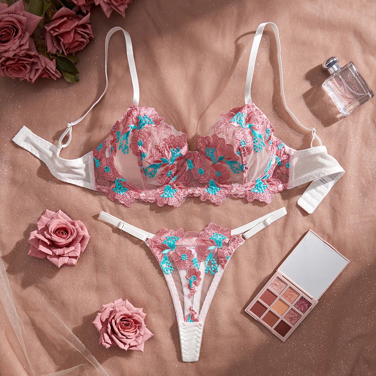 First Love Floral Embroidered Sheer Bra & Panty Set - gosundaymarket
