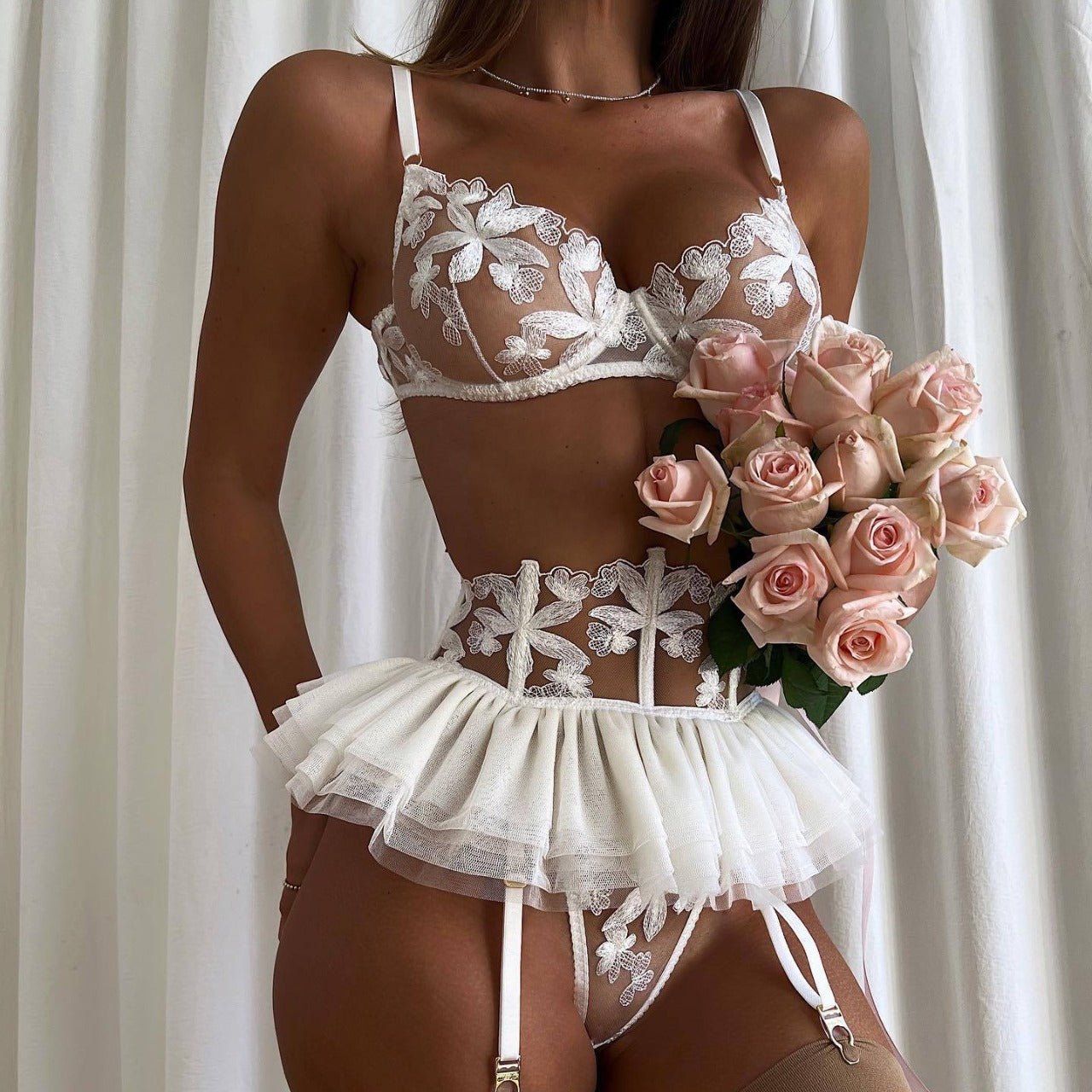 Floral Embroidered Sheer Lingerie Set - gosundaymarket