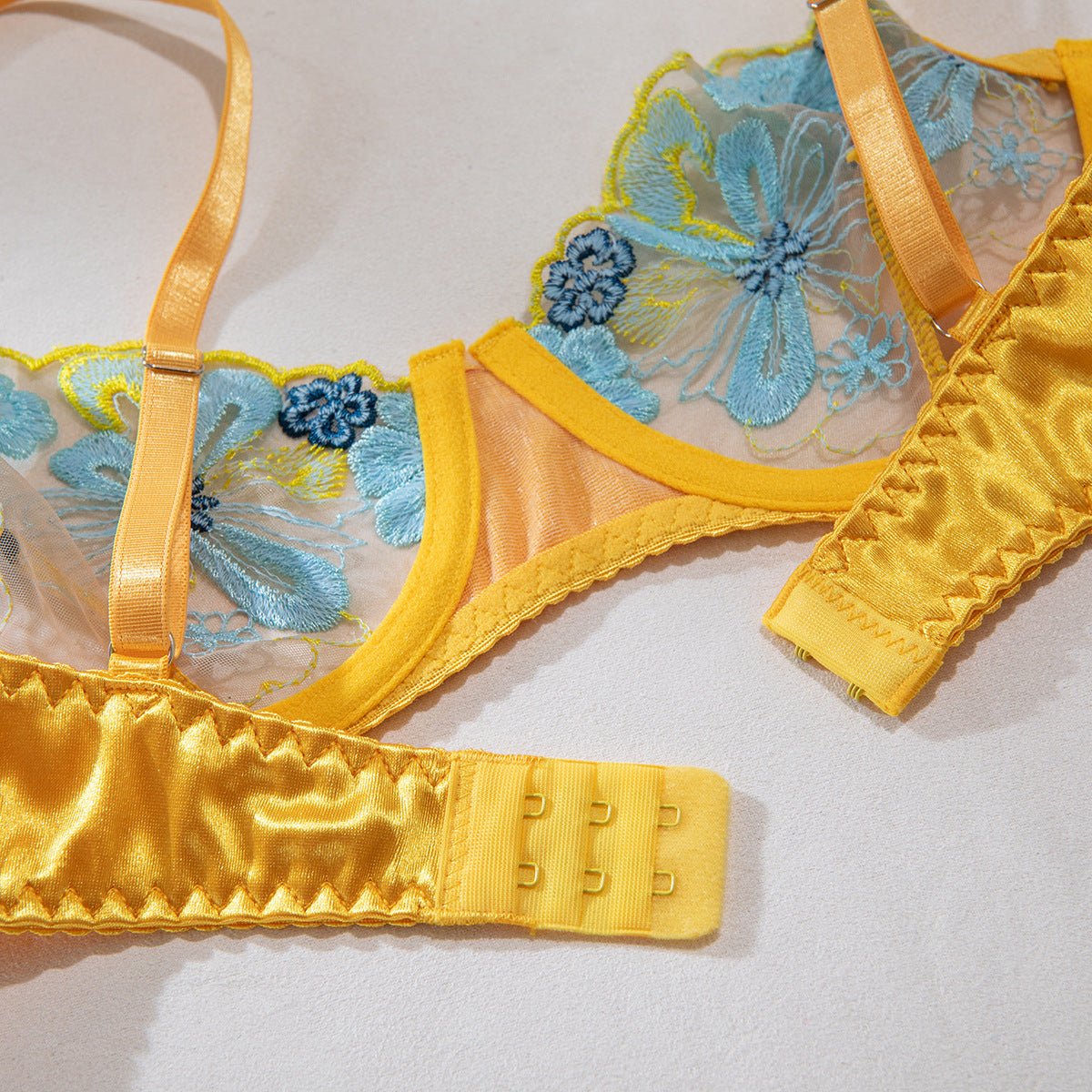 Floral Embroidered Sheer Satin Mesh Lingerie Set - gosundaymarket