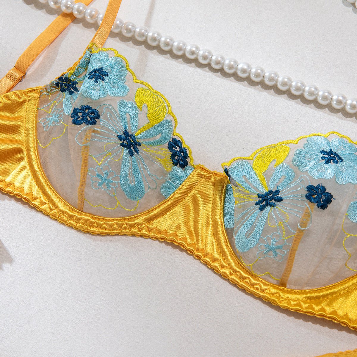 Floral Embroidered Sheer Satin Mesh Lingerie Set - gosundaymarket