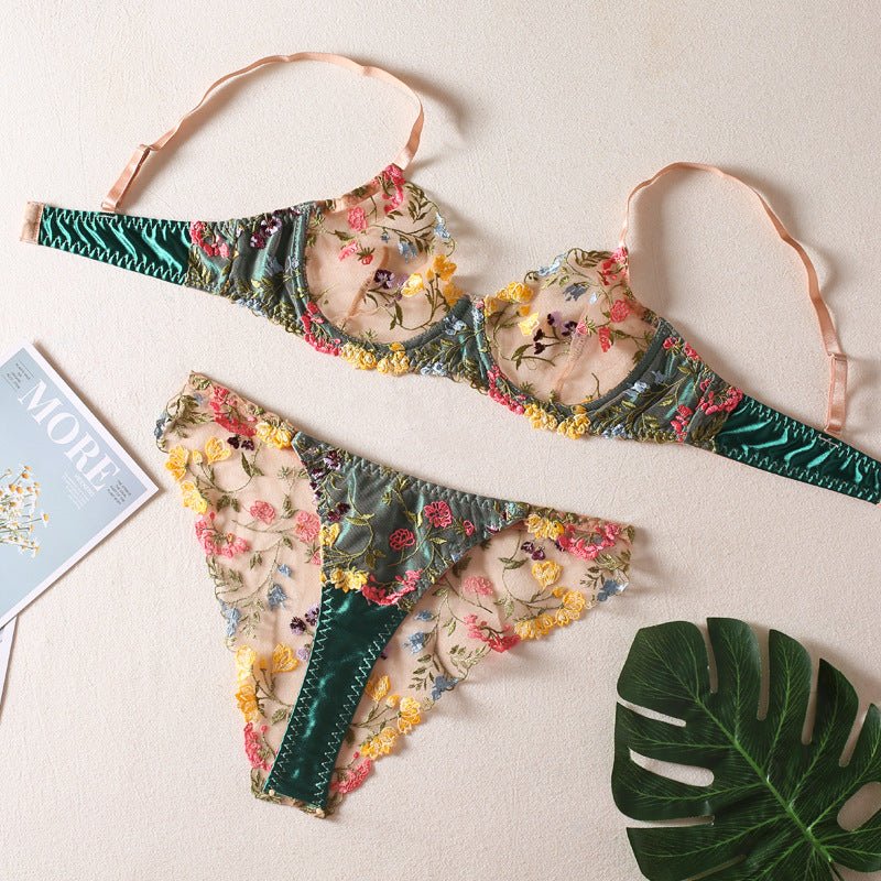 Green Satin Floral Lingerie - gosundaymarket
