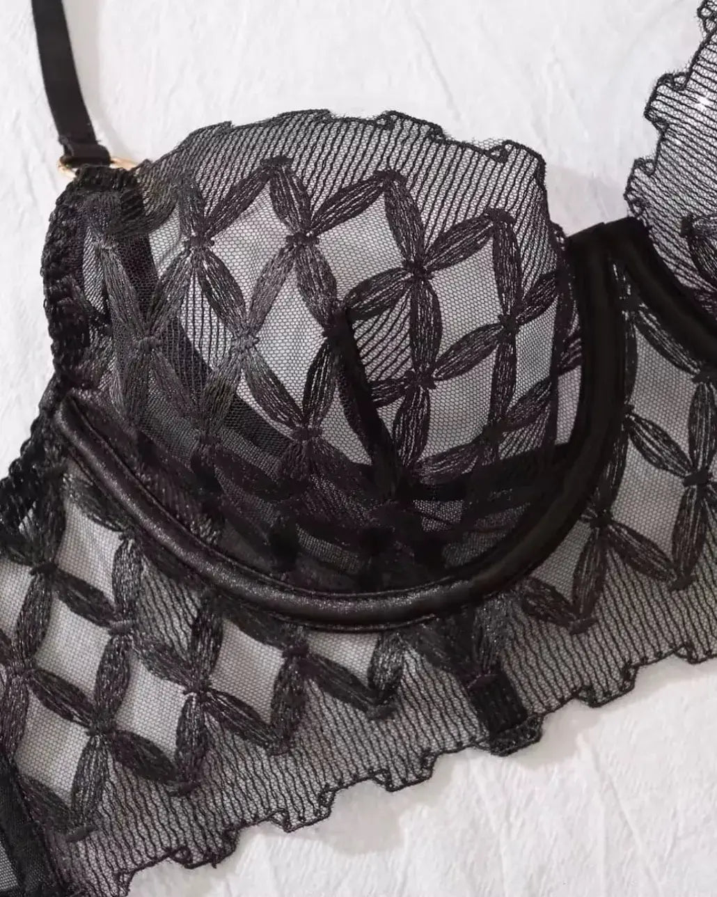 geometric lace underwire bra with chest harness flat display