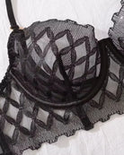 geometric lace underwire bra with chest harness flat display