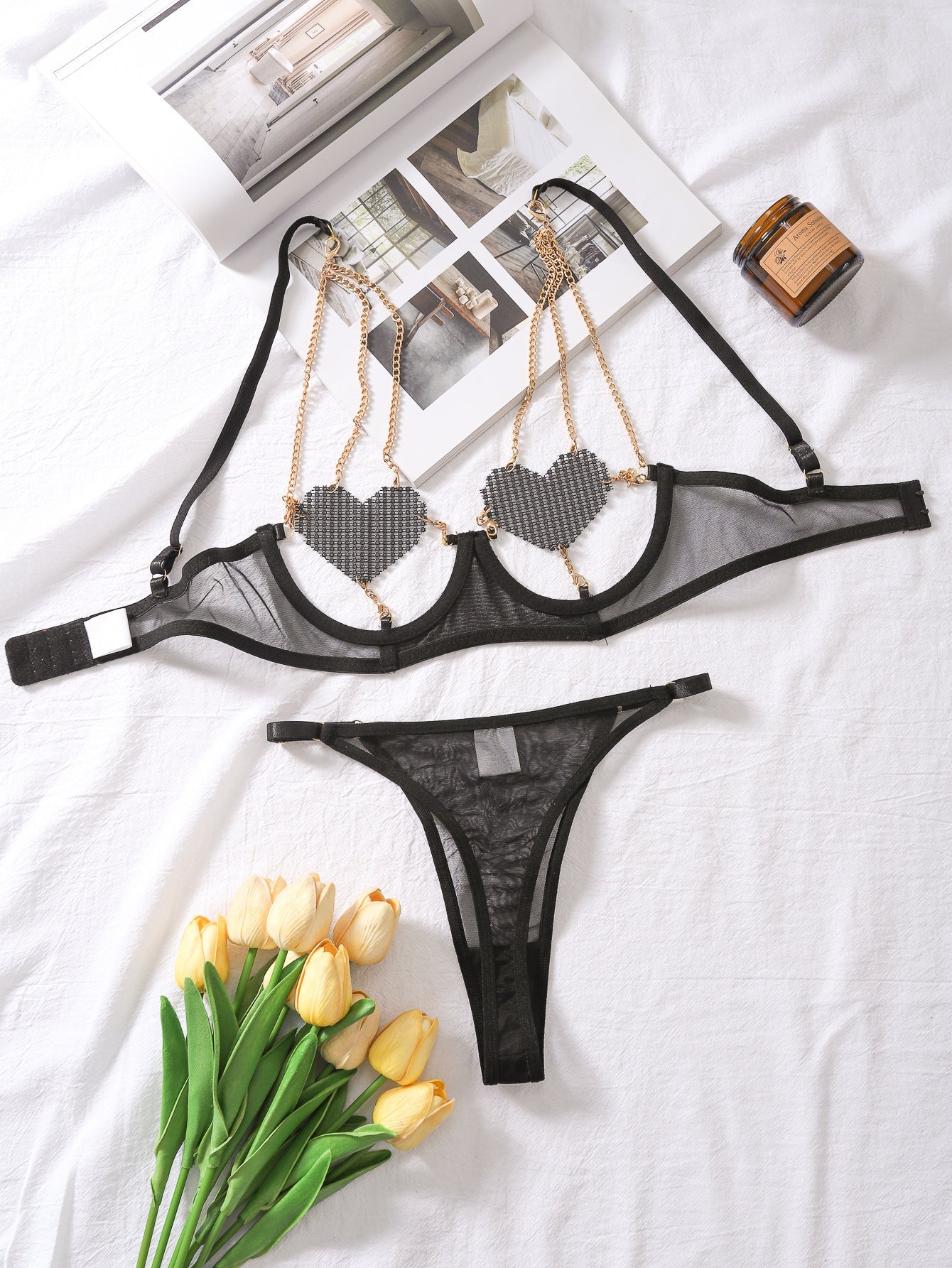 Heart Chain Sheer Soft Mesh Lingerie - gosundaymarket