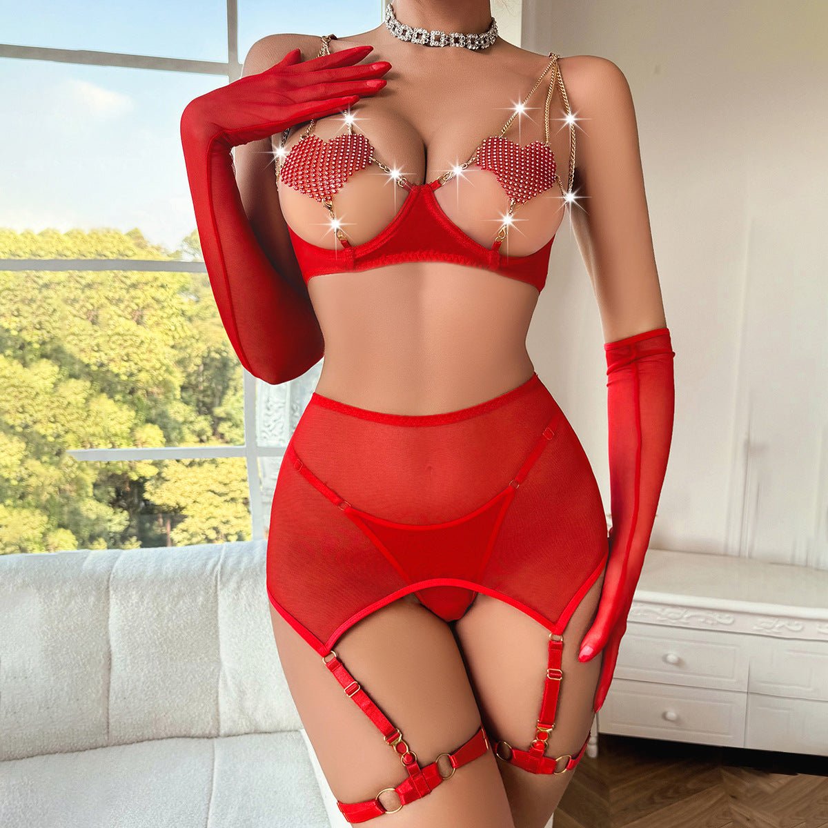 Heart Chain Sheer Soft Mesh Lingerie - gosundaymarket