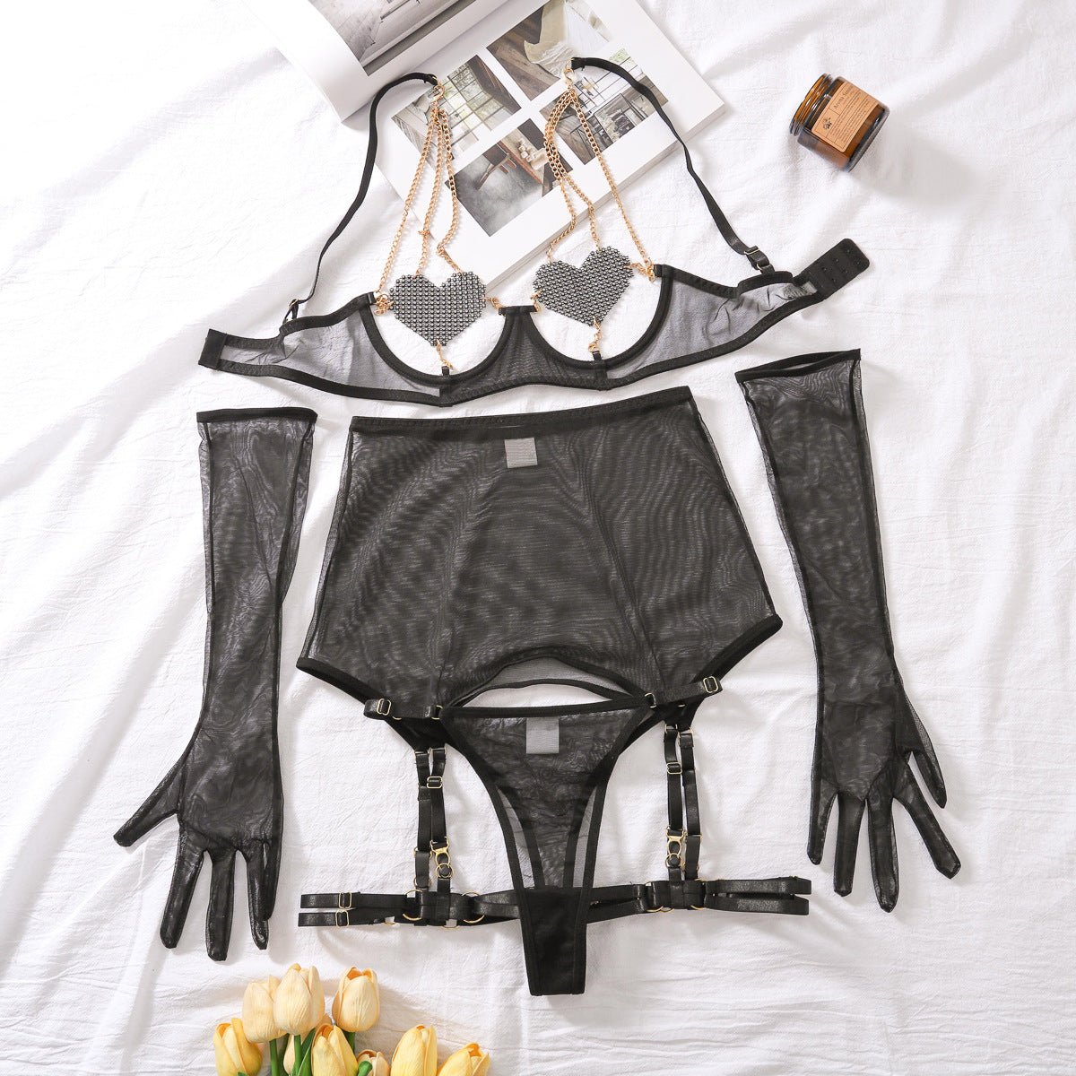 Heart Chain Sheer Soft Mesh Lingerie - gosundaymarket