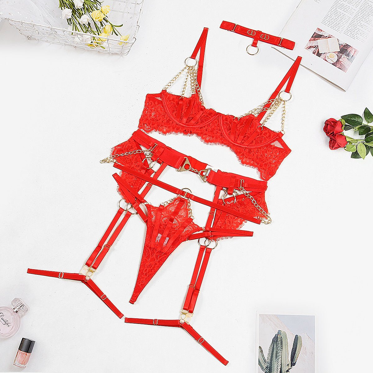 Lace Hollow Steel Ring Erotic Lingerie Set - gosundaymarket