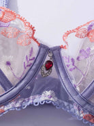 Lavender Bloom lace bra with sheer floral embroidery close-up.