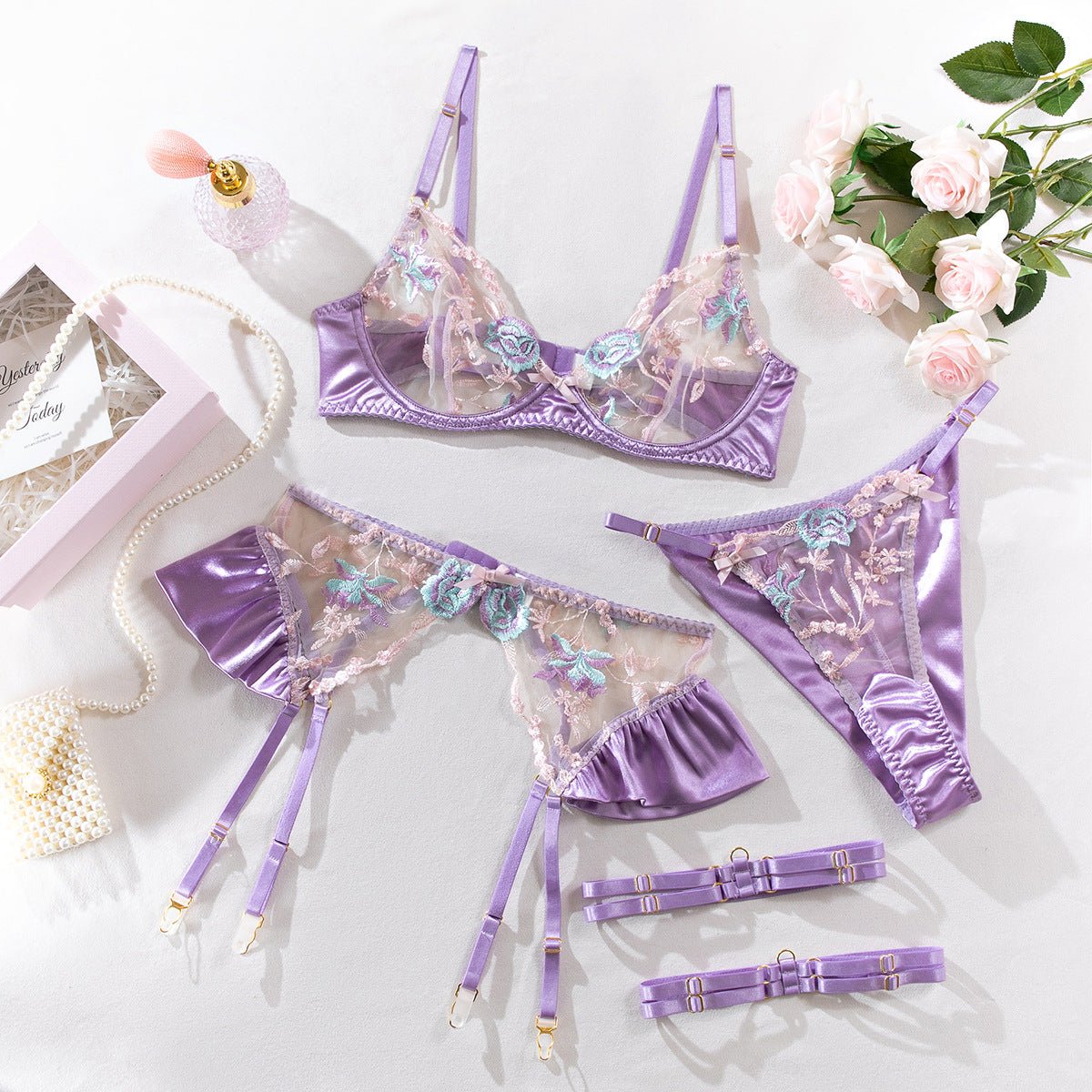 Lavender Sheer Embroidered Satin Mesh Lingerie Set - gosundaymarket