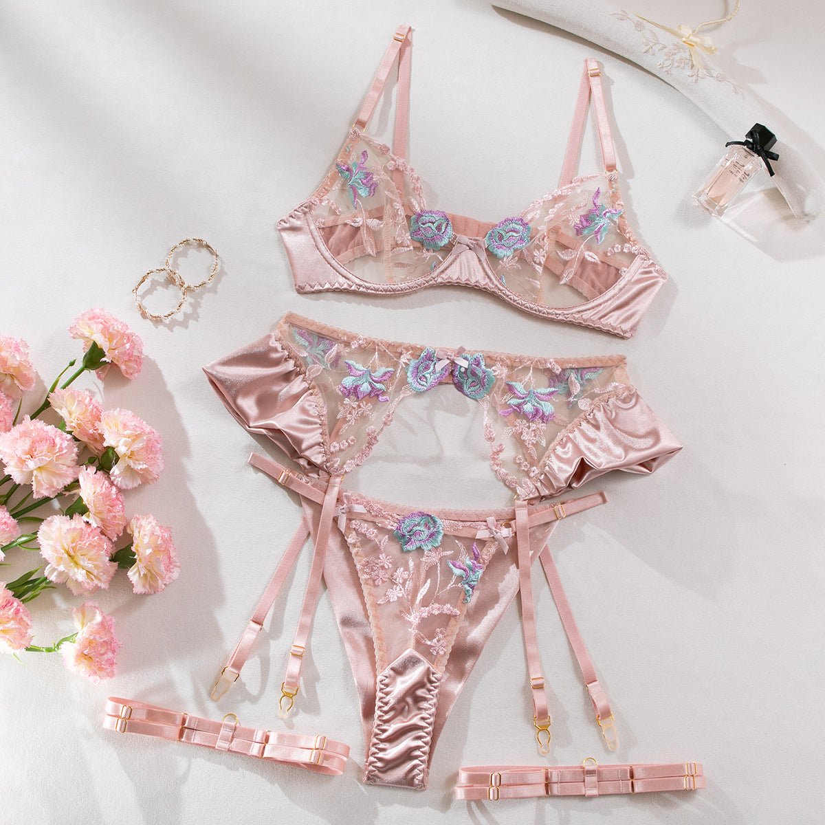 Lavender Sheer Embroidered Satin Mesh Lingerie Set - gosundaymarket